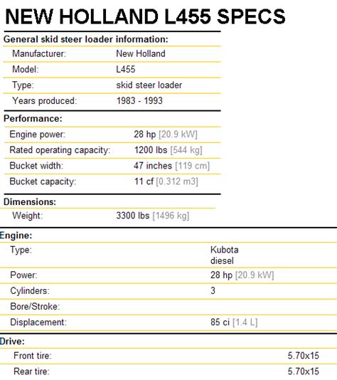 new holland l455 specifications